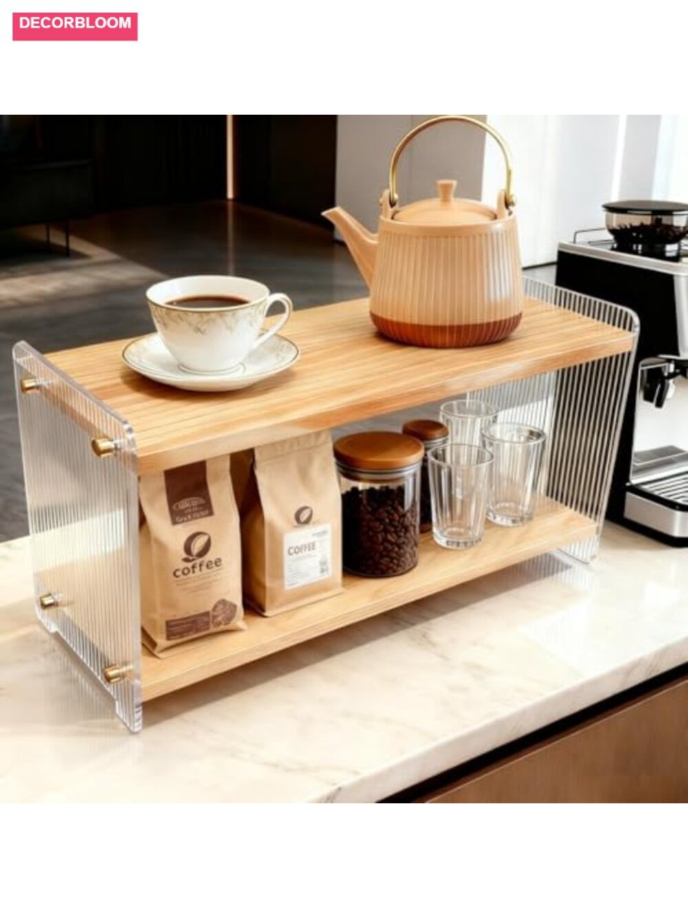 Solid Wood 2 Tier Coffee Station Organizer for Coffee Bar Matcha Tea Storage